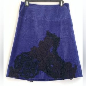 Anthropologie Elevenses Blue Velvet & Lace Skirt.Size 4 with floral embroidered